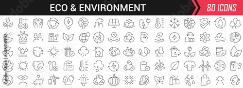 Eco and environment linear icons in black. Big UI icons collection in a flat design. Thin outline signs pack. Big set of icons for design