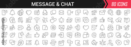 Message and chat linear icons in black. Big UI icons collection in a flat design. Thin outline signs pack. Big set of icons for design