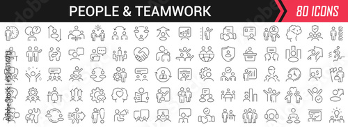 People and teamwork linear icons in black. Big UI icons collection in a flat design. Thin outline signs pack. Big set of icons for design