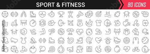 Sport and fitness linear icons in black. Big UI icons collection in a flat design. Thin outline signs pack. Big set of icons for design
