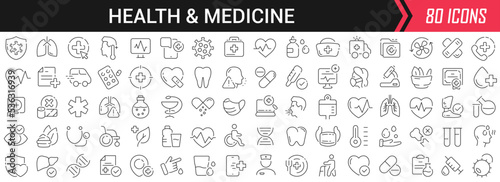 Health and medicine linear icons in black. Big UI icons collection in a flat design. Thin outline signs pack. Big set of icons for design