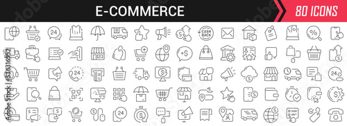 E-commerce linear icons in black. Big UI icons collection in a flat design. Thin outline signs pack. Big set of icons for design