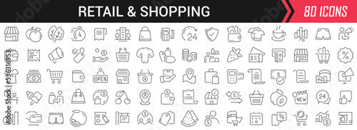 Retail and shopping linear icons in black. Big UI icons collection in a flat design. Thin outline signs pack. Big set of icons for design