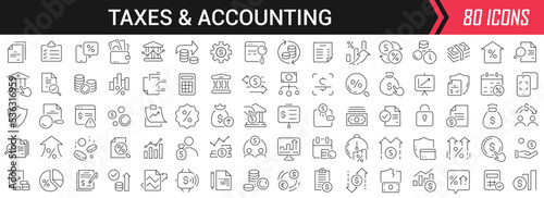 Taxes and accounting linear icons in black. Big UI icons collection in a flat design. Thin outline signs pack. Big set of icons for design photo
