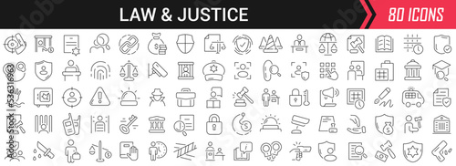 Law and justice linear icons in black. Big UI icons collection in a flat design. Thin outline signs pack. Big set of icons for design