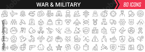 War and military linear icons in black. Big UI icons collection in a flat design. Thin outline signs pack. Big set of icons for design