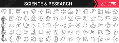 Science and research linear icons in black. Big UI icons collection in a flat design. Thin outline signs pack. Big set of icons for design