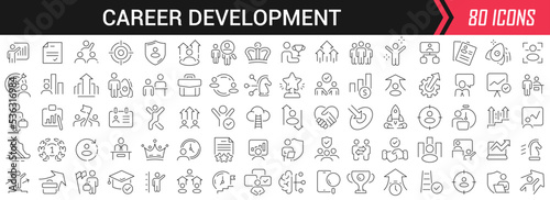 Career development linear icons in black. Big UI icons collection in a flat design. Thin outline signs pack. Big set of icons for design