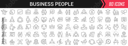 Business people linear icons in black. Big UI icons collection in a flat design. Thin outline signs pack. Big set of icons for design