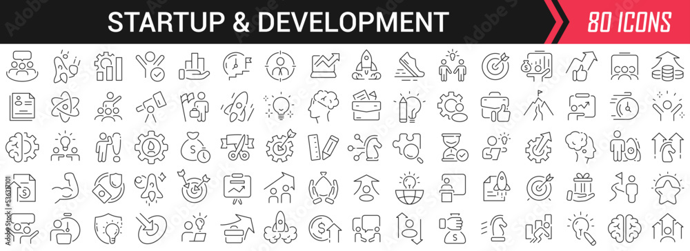 Startup and development linear icons in black. Big UI icons collection in a flat design. Thin outline signs pack. Big set of icons for design