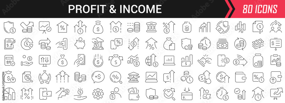 Profit and income linear icons in black. Big UI icons collection in a flat design. Thin outline signs pack. Big set of icons for design