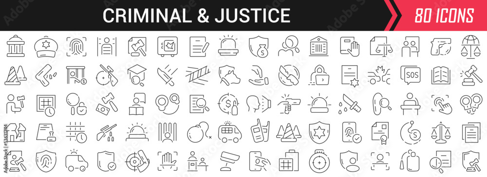 Criminal and justice linear icons in black. Big UI icons collection in a flat design. Thin outline signs pack. Big set of icons for design Criminal and justice linear icons in black. Big UI icons collection in a flat design. Thin outline signs pack. Big set of icons for design