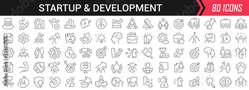 Startup and development linear icons in black. Big UI icons collection in a flat design. Thin outline signs pack. Big set of icons for design