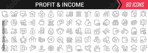 Profit and income linear icons in black. Big UI icons collection in a flat design. Thin outline signs pack. Big set of icons for design
