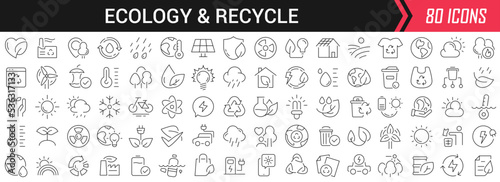 Ecology and recycle linear icons in black. Big UI icons collection in a flat design. Thin outline signs pack. Big set of icons for design