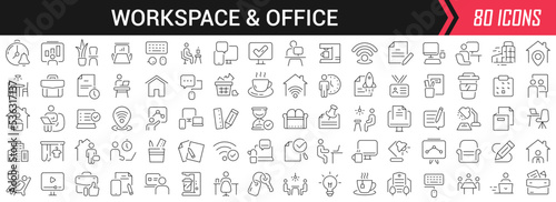 Workspace and office linear icons in black. Big UI icons collection in a flat design. Thin outline signs pack. Big set of icons for design