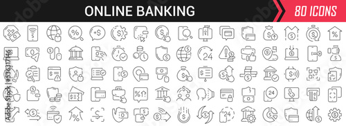 Online banking linear icons in black. Big UI icons collection in a flat design. Thin outline signs pack. Big set of icons for design