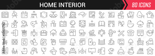 Home interior linear icons in black. Big UI icons collection in a flat design. Thin outline signs pack. Big set of icons for design