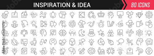 Inspiration and idea linear icons in black. Big UI icons collection in a flat design. Thin outline signs pack. Big set of icons for design