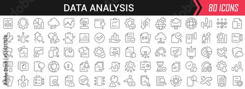 Data analysis linear icons in black. Big UI icons collection in a flat design. Thin outline signs pack. Big set of icons for design