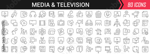 Media television linear icons in black. Big UI icons collection in a flat design. Thin outline signs pack. Big set of icons for design