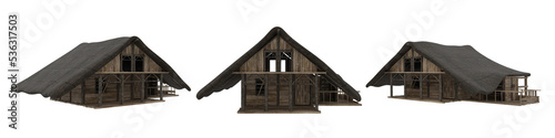 Medieval wooden house with thatched roof. 3 angles 3D illustration isolated on whte with clipping path.