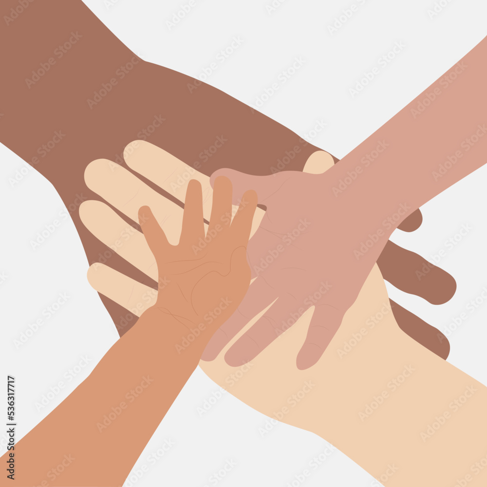 Flat illustration about family togetherness, diversity in family relationship, acceptance and toleration. Different sizes and colors hands together to represent unity and diversity. Flat illustration about family togetherness, diversity in family relationship, acceptance and toleration. Different sizes and colors hands together to represent unity and diversity.