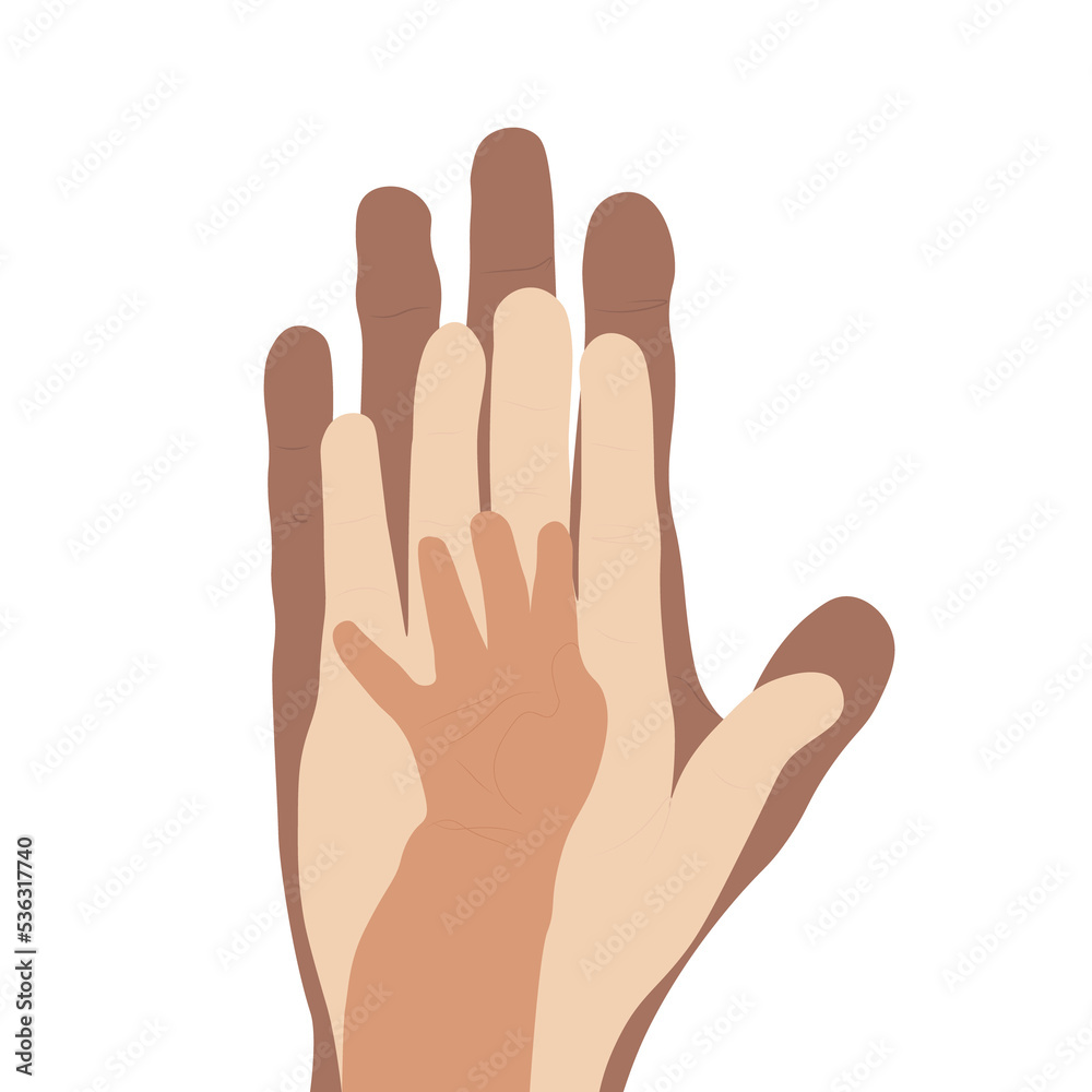 Obraz premium Flat illustration about family togetherness, diversity in family relationship, acceptance and toleration. Different sizes and colors hands together to represent unity and diversity.