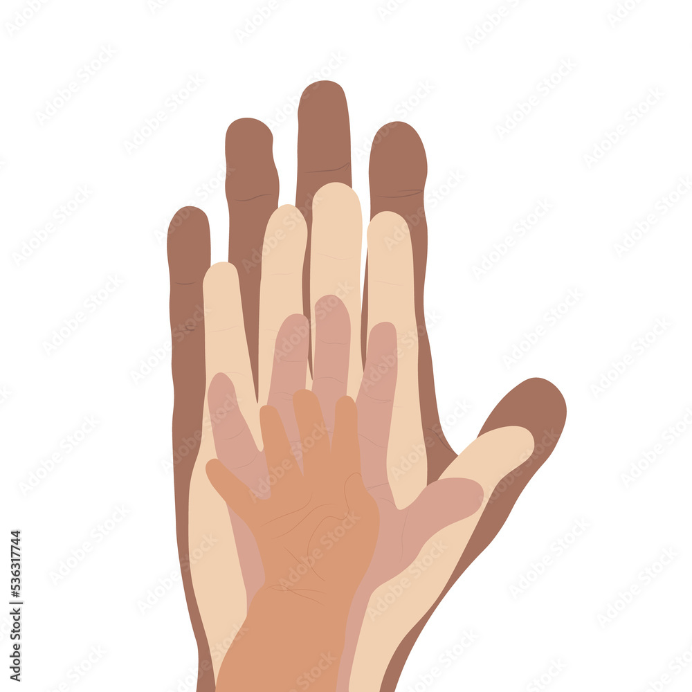 Obraz premium Flat illustration about family togetherness, diversity in family relationship, acceptance and toleration. Different sizes and colors hands together to represent unity and diversity.