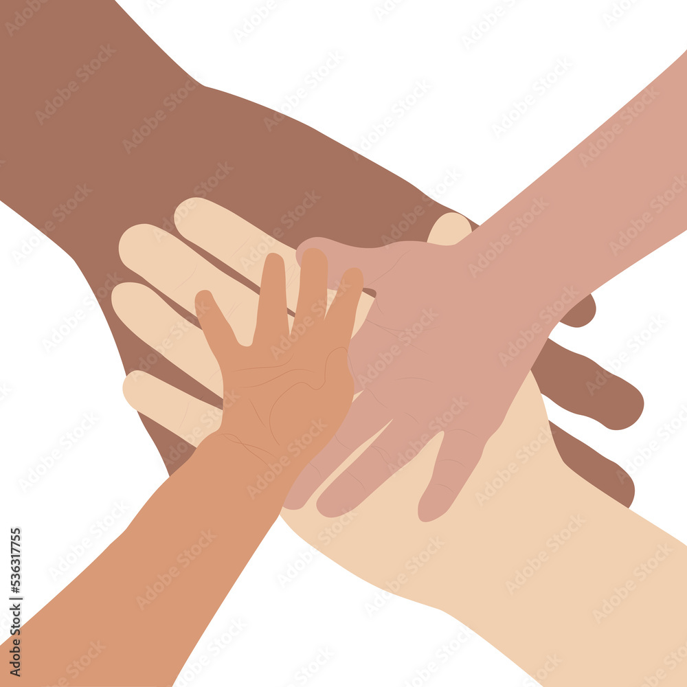 Flat illustration about family togetherness, diversity in family relationship, acceptance and toleration. Different sizes and colors hands together to represent unity and diversity.