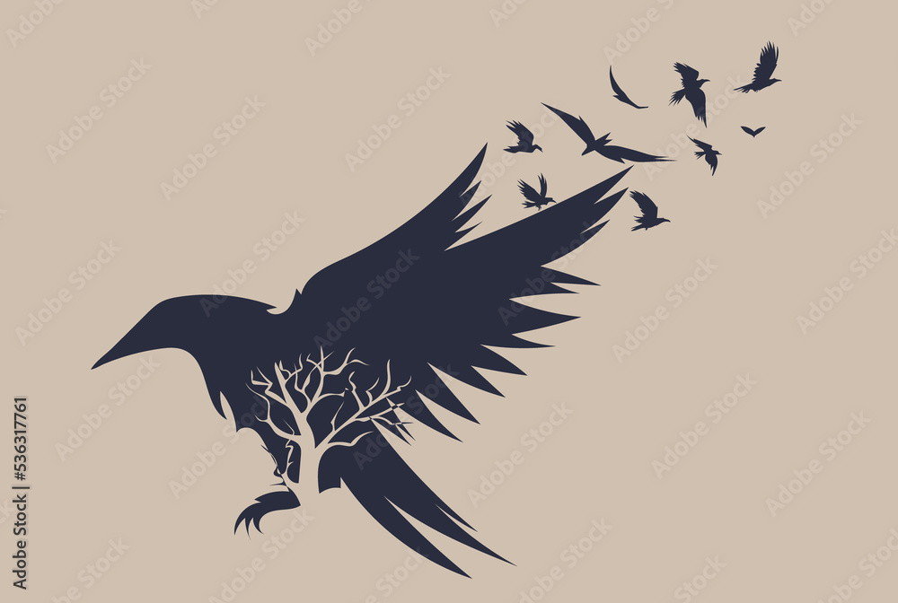 Fototapeta premium Sketch of flying raven. Hand drawn illustration converted to vector. 