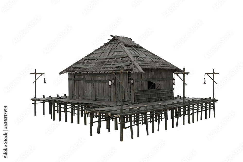 Corner Perspective View Of Old Wooden Swamp House Built On Stilts Over corner-perspective-view-of-old-wooden-swamp-house-built-on-stilts-over