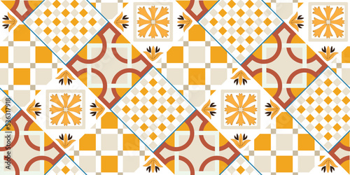 Abstract Geometric Tile Pattern Italian Sicily Style Moroccan Interior Design Perfect for Allover Fabric Print or Interior Kitchen Design Chic Sweet Color Combinations Squares Florals Ornament