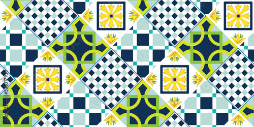 Abstract Geometric Tile Pattern Italian Sicily Style Moroccan Interior Design Perfect for Allover Fabric Print or Interior Kitchen Design Chic Sweet Color Combinations Squares Florals Ornament