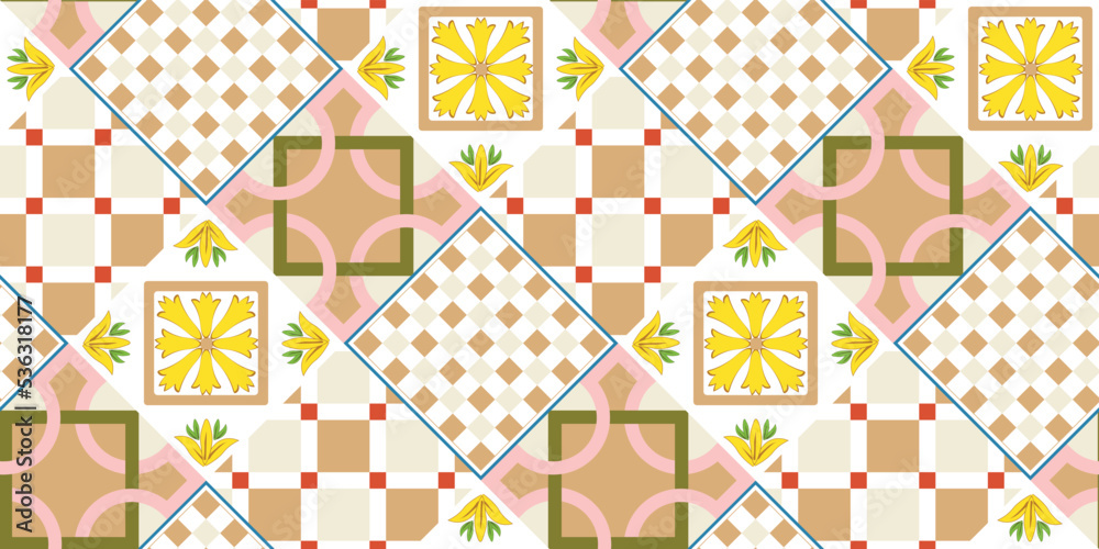 Abstract Geometric Tile Pattern Italian Sicily Style Moroccan Interior Design Perfect for Allover Fabric Print or Interior Kitchen Design Chic Sweet Color Combinations Squares Florals Ornament