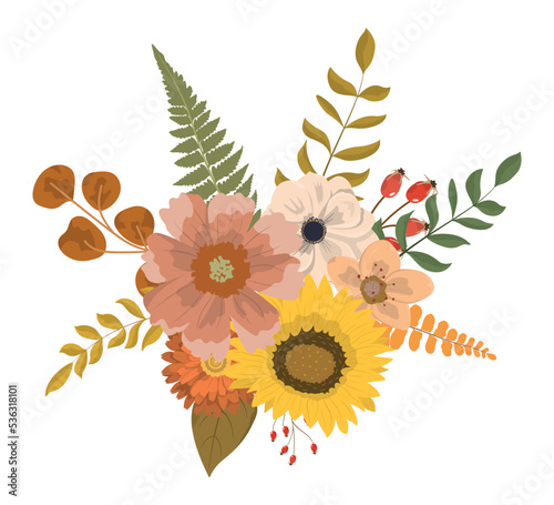 Cute fall colorful bouquet in rustic style with flowers and forest leaves