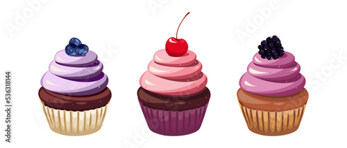 A set of cupcakes.Blueberry, blackberry, cherry cupcakes.Design elements, menus, advertisements.Vector illustration of sweet pastries.