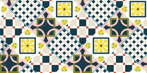 Abstract Geometric Tile Pattern Italian Sicily Style Moroccan Interior Design Perfect for Allover Fabric Print or Interior Kitchen Design Chic Sweet Color Combinations Squares Florals Ornament
