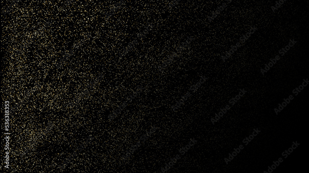 Fototapeta premium Golden magic glitter dust powder scattered particles on black background and texture luxury style