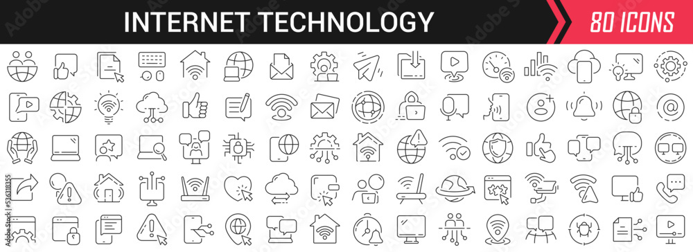 Internet technology linear icons in black. Big UI icons collection in a flat design. Thin outline signs pack. Big set of icons for design Internet technology linear icons in black. Big UI icons collection in a flat design. Thin outline signs pack. Big set of icons for design