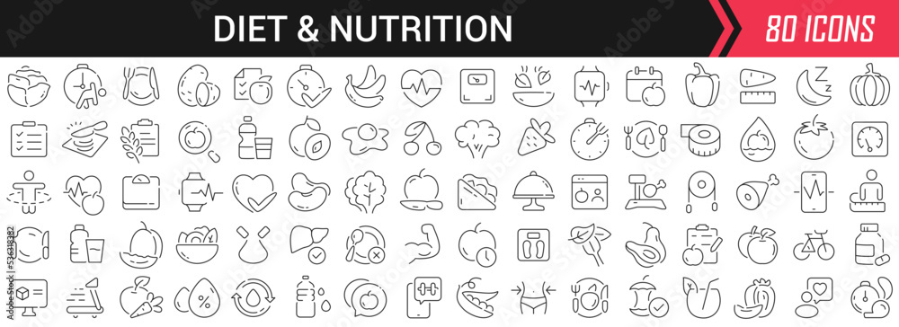 Diet and nutrition linear icons in black. Big UI icons collection in a flat design. Thin outline signs pack. Big set of icons for design