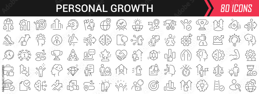 Personal growth linear icons in black. Big UI icons collection in a flat design. Thin outline signs pack. Big set of icons for design Personal growth linear icons in black. Big UI icons collection in a flat design. Thin outline signs pack. Big set of icons for design