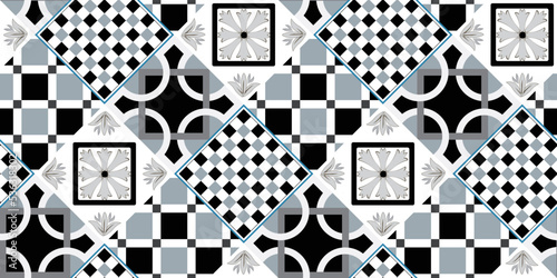 Abstract Geometric Tile Pattern Italian Sicily Style Moroccan Interior Design Perfect for Allover Fabric Print or Interior Kitchen Design Chic Sweet Color Combinations Squares Florals Ornament