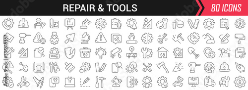 Repair and tools linear icons in black. Big UI icons collection in a flat design. Thin outline signs pack. Big set of icons for design