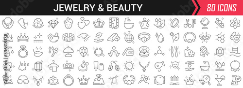 Jewelry and beauty linear icons in black. Big UI icons collection in a flat design. Thin outline signs pack. Big set of icons for design