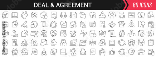 Deal and agreement linear icons in black. Big UI icons collection in a flat design. Thin outline signs pack. Big set of icons for design
