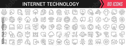 Internet technology linear icons in black. Big UI icons collection in a flat design. Thin outline signs pack. Big set of icons for design