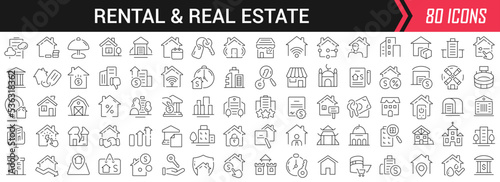 Rental and real estate linear icons in black. Big UI icons collection in a flat design. Thin outline signs pack. Big set of icons for design