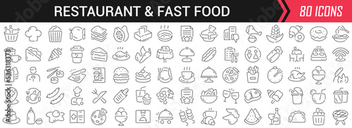 Restaurant and fast food linear icons in black. Big UI icons collection in a flat design. Thin outline signs pack. Big set of icons for design