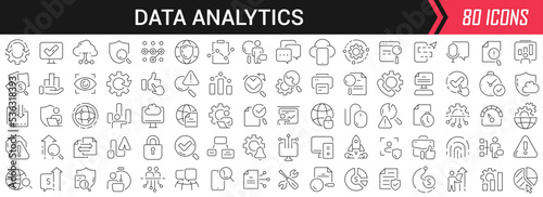 Data analytics linear icons in black. Big UI icons collection in a flat design. Thin outline signs pack. Big set of icons for design